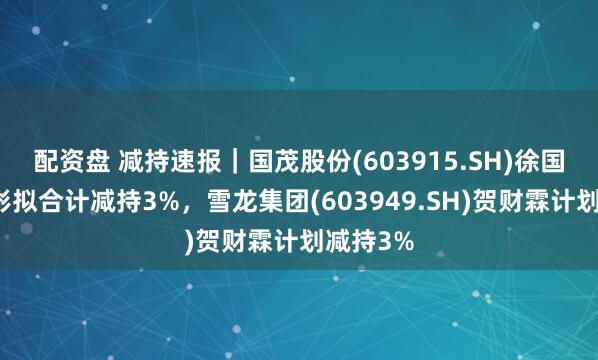配资盘 减持速报｜国茂股份(603915.SH)徐国忠、徐彬拟合计减持3%，雪龙集团(603949.SH)贺财霖计划减持3%